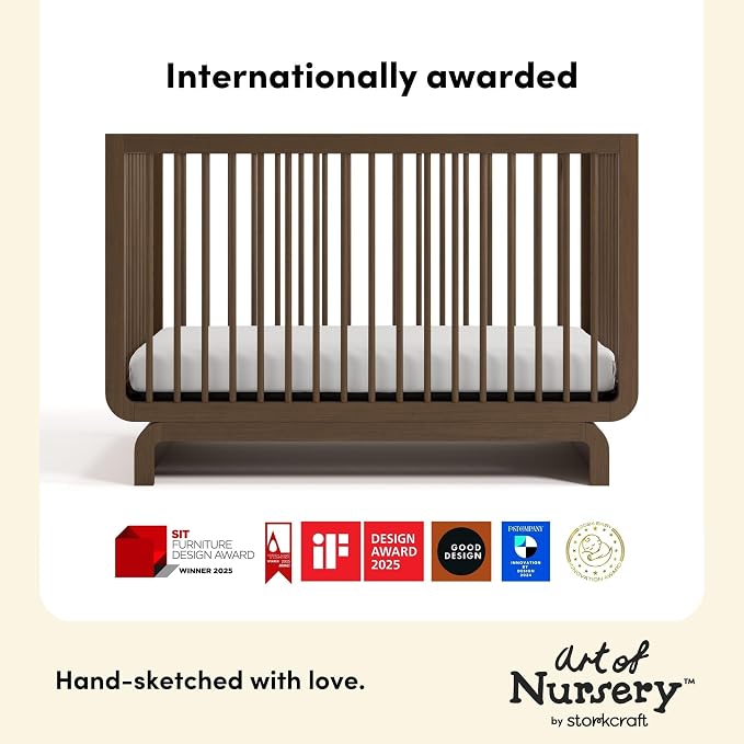 Storkcraft Santorini 5-in-1 Convertible Crib with Toddler Guardrail – GREENGUARD Gold Certified, Conversion Kit Included, 100% Solid Wood, Fits Standard Crib Mattress (Hazelnut)