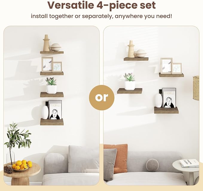 Fun Memories Square Floating Shelves for Wall - 12 Inch Deep Floating Shelves with Invisible Brackets, Grey Small Wall Shelf for Living Room, Bathroom, Bedroom, and Kitchen Decor Set of 4