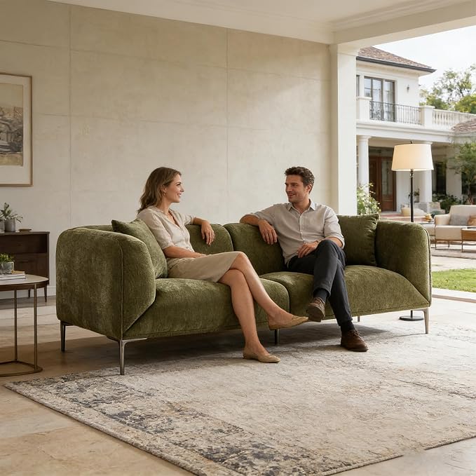 82.68" Modern Upholstered Sofa with Straight Design, Full and Soft Seating, Includes 2 Throw Pillows, 3 Seats,Fabric Couch with Metal Legs for Living Room, Office, Apartment (Green)