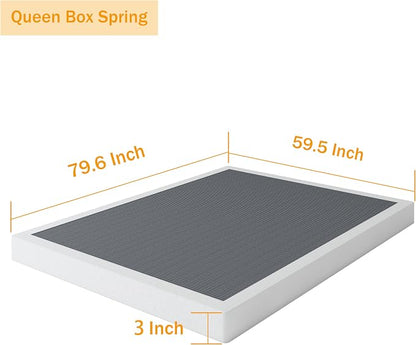 SHLAND Box Spring Queen - 3 Inch Heavy Duty Low Profile Metal Queen Box Springs for Bed, Mattress Foundation, Easy Assembly,Easy Clean Cover