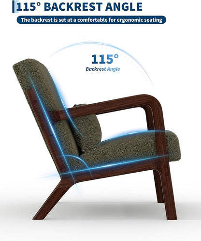 Garvee Mid-Century Modern Accent Chair, Sherpa Upholstery, Solid Wood Armchair with Removable Lumbar Pillow, Sturdy Reading Chair for Living Room, Bedroom, Guest Room, Easy Assembly, Green