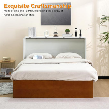 VINGLI Queen Murphy Bed with Storage Drawer,2 Charging Station,Rustic & Scandinavian Style Foldable Bed Cabinet,Hideaway Paltform Panel Bed for Small Room,Guest Room,Office,Apartment,Golden Brown