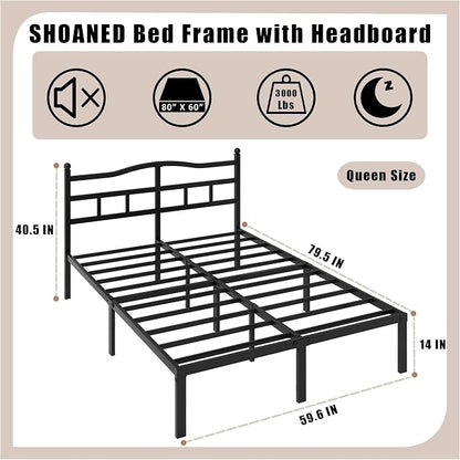 SHOANED 14 Inch Metal Bed Frame - Queen Size Heavy Duty Bedframe with Headboard Black Basic Steel Slats Platform No Box Spring Needed/Easy Assembly/Noise Free