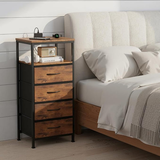 Sweetcrispy Nightstand with Charging Station, Bedside End Table with 4 Fabric Drawers, USB & Type-C Ports with AC Outlets, Adjustable Feet & Dimmable LED Light Strip, Modern Bedroom Furniture, Brown
