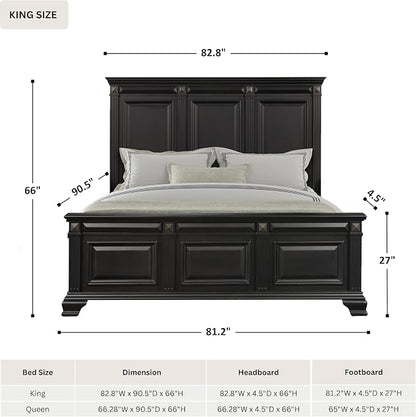 Roundhill Furniture Renova Vintage Black Wood Bedroom Set, King Panel Bed, Dresser, Mirror, Two Nightstands, Chest
