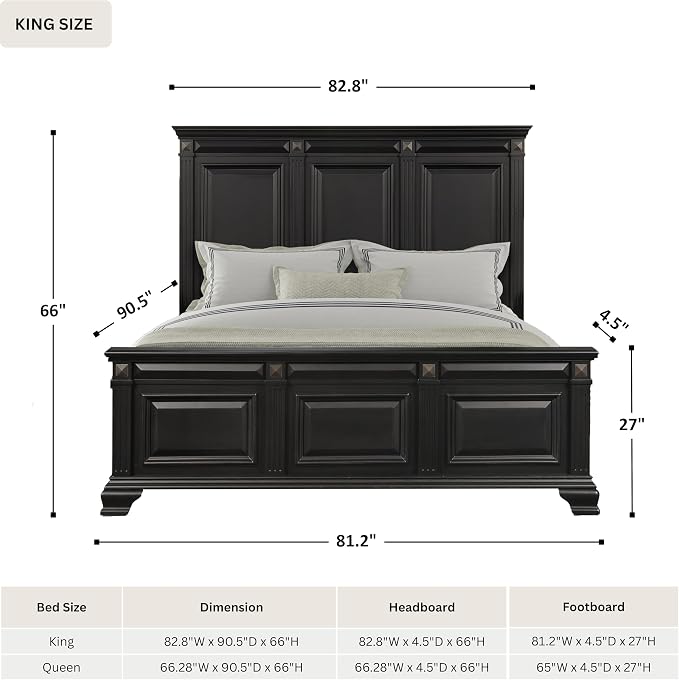 Roundhill Furniture Renova Vintage Black Wood Bedroom Set, King Panel Bed, Dresser, Mirror, Nightstand, Chest