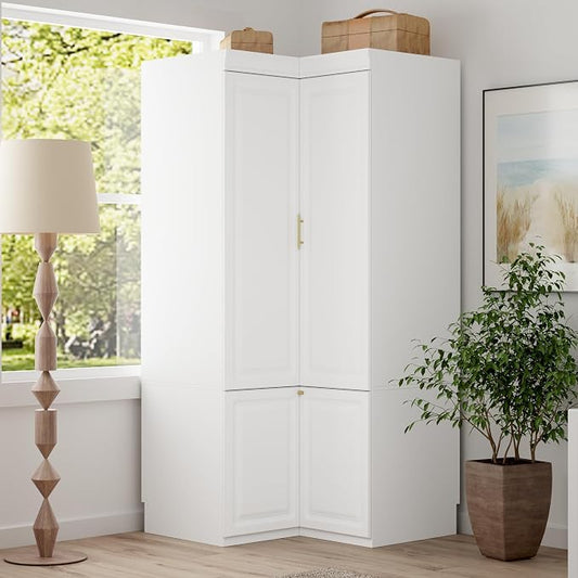 AIEGLE Corner Armoire Wardrobe Closet with Drawers, White Coat Closet with Doors, Modern Tall Wardrobe Corner Cabinet Closet with Hanging Rod for Bedroom, Freestanding, White, 35.4"D x 35.4"W x 74.2"H