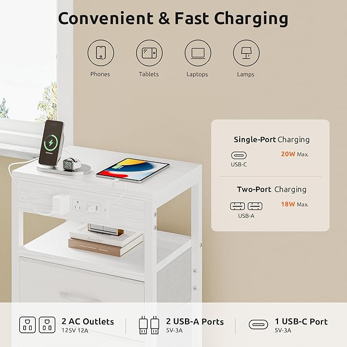 Lazzanto NightStand Bedside Charging Table Bedroom - White Night Stand with Charger Station, USB-C USB Ports & AC Outlets for Dorm, Modern End Table with Open Shelf & 3 Fabric Drawers