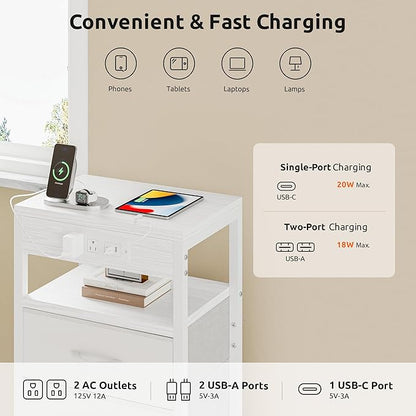 Lazzanto NightStand Bedside Charging Table Bedroom - White Night Stand with Charger Station, USB-C USB Ports & AC Outlets for Dorm, Modern End Table with Open Shelf & 3 Fabric Drawers