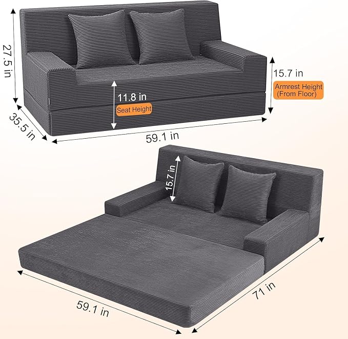 MeMoreCool Folding Futon Couch Queen – Boneless Corduroy Sofa Bed, Convertible Foam Floor Lounger with Pillow & Washable Cover, Foldable Sleeper for Living Room, Bedroom, Guest Space