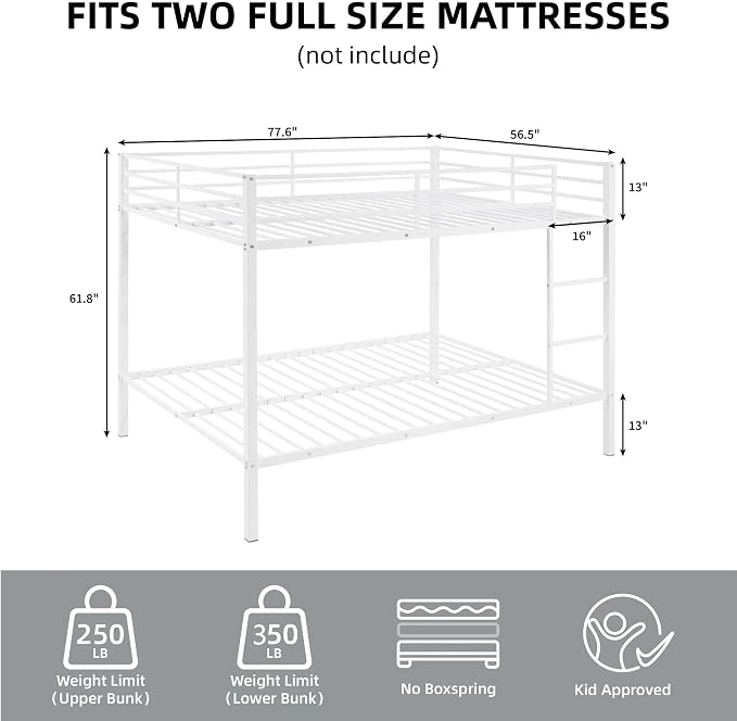 EMKK Metal Bunk Bed Full Over Full with Safety Guardrails,Bedframe,Bunk Beds for Dorm,Bedroom,Guest Room,Heavy Duty Metal Slats, Noise Free, No Box Spring Needed, White