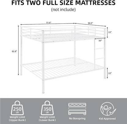 EMKK Metal Bunk Bed Full Over Full with Safety Guardrails,Bedframe,Bunk Beds for Dorm,Bedroom,Guest Room,Heavy Duty Metal Slats, Noise Free, No Box Spring Needed, White