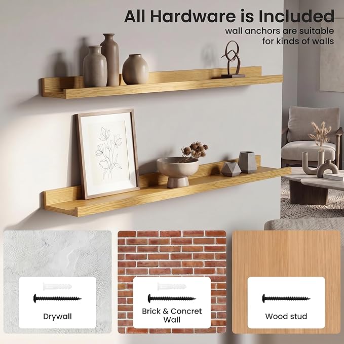 Axeman Picture Ledge Shelf | 40 Inch Floating Shelves Set of 4 | Oak Wall Shelves with Lip | Oak Picture Shelf for Wall with Ledge | Wood Photo Ledges for Living Room Bedroom