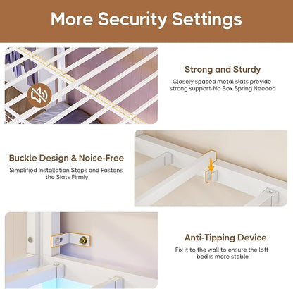 DICTAC Bunk Bed Full Over Twin with Desk and Led Lights Metal Full Over Twin Size Bunk Bed with Charging Station,Storage Shelves and Drawer,Bunk Beds for Teen/Adult with Safety Guard & Ladder,White