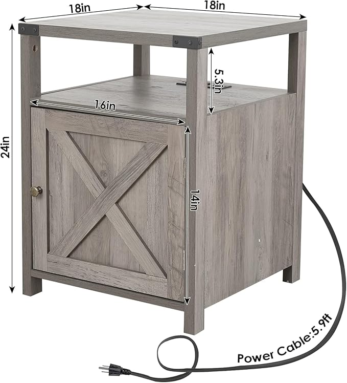 Farmhouse Nightstand with Charging Station, Rustic End Table Bedroom with Storage Living Room Side Table Grey Night Stand Industrial Bedside Bed Table with USB Ports and Outlets