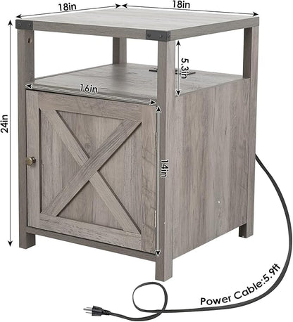 Farmhouse Nightstand with Charging Station, Rustic End Table Bedroom with Storage Living Room Side Table Grey Night Stand Industrial Bedside Bed Table with USB Ports and Outlets