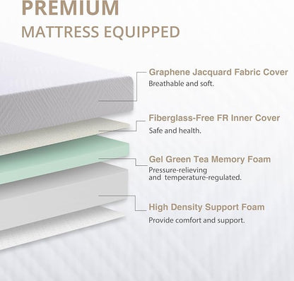 Dyonery Queen Adjustable Bed Base Frame with Wireless Remote + 12 Inch Queen Green Tea Gel Memory Foam Mattress Bed in a Box, Head and Foot Incline, Zero Gravity, Fiberglass Free, 80" × 60"
