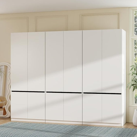 White Armoire Wardrobe Closet: 75" Large Wardrobe Closet with 6 Doors, Modern Bedroom Armoires with Storage Cabinet, Tall Wood Closets for Hanging Clothes