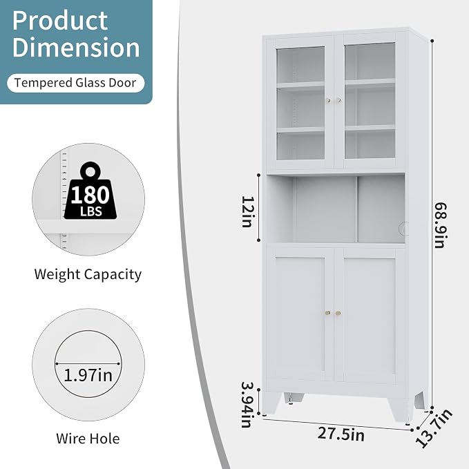 69" Tall Metal Pantry Cabinet with Microwave Stand,Microwave Storage Cabinet with 4 Doors & 3 Adjustable Shelves for Kitchen (4 Glass Doors-White, 13.78" D x 27.54" W x 68.9" H)