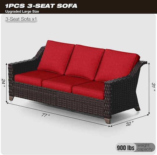 Joyside Patio Sofa - 3 Seater Rattan Sofa, All Weather High Back Sofa, Upgraded Large Size with 4inch Seat Cushions for Backyard, Garden, Poolside (Brown/Red)