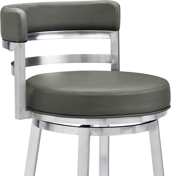 Armen Living Madrid 30" Bar Height Swivel Modern Grey Faux Leather and Brushed Stainless Steel Bar Stool for Kitchen Island Counter