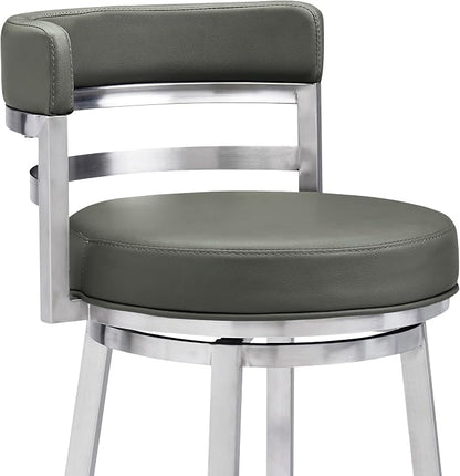 Armen Living Madrid 30" Bar Height Swivel Modern Grey Faux Leather and Brushed Stainless Steel Bar Stool for Kitchen Island Counter