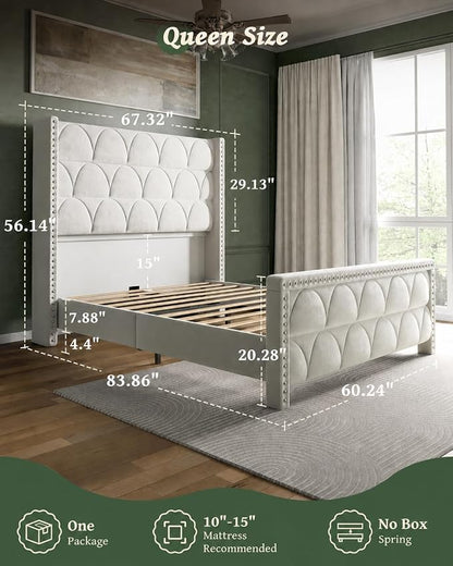 OHOHOLIVE Queen Size Bed Frame with 56" Headboard - Velvet Upholstered Wingback Platform Bed Frame, Noise Free, Sturdy Wooden Slat Support (Cream, Queen)