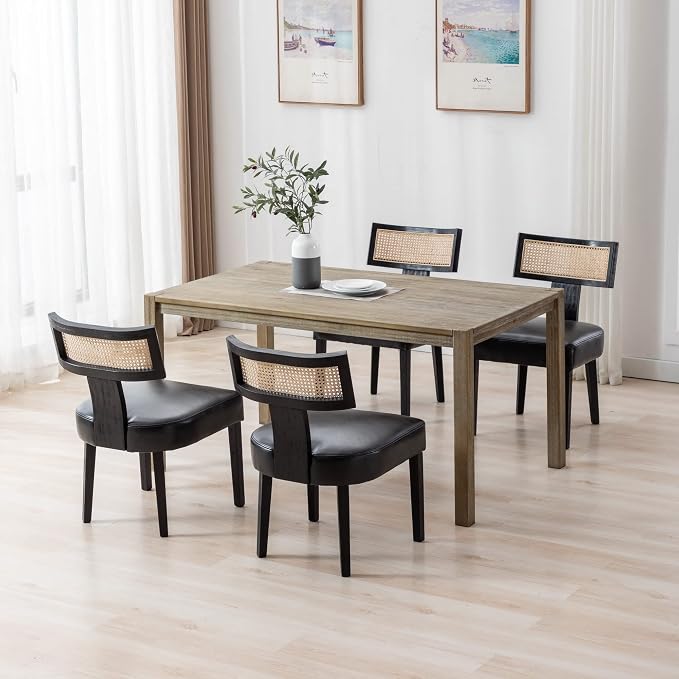 RIVOVA Rattan Dining Chairs Set of 4, Modern PU Leather Upholstered Kitchen Chairs, Wooden Dining Room Chair Farmhouse Dinner Chair, Black