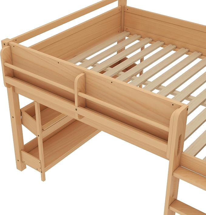 Bellemave Full Size Low loft Bed with Desk and bookcases, Boxes and Drawers for Kids,Wood Modern Farmhouse Kids Loft Beds with Shelf, Natural