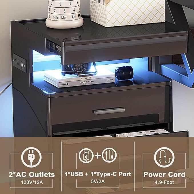 Treocho Led Nightstand with Hidden Space, Modern Night Stand with Charging Station, 3 Drawer Smart Nightstand with Glossy Finish, Tall Bedside Table with RGB Lights for Bedroom, Black
