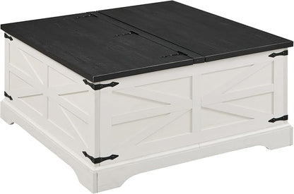 JXQTLINGMU Farmhouse Lift Top Coffee Table with Large Storage, 36" Square Wood Living Room Table with Hidden Compartment, Lift Tabletop Dining Table for Home, White