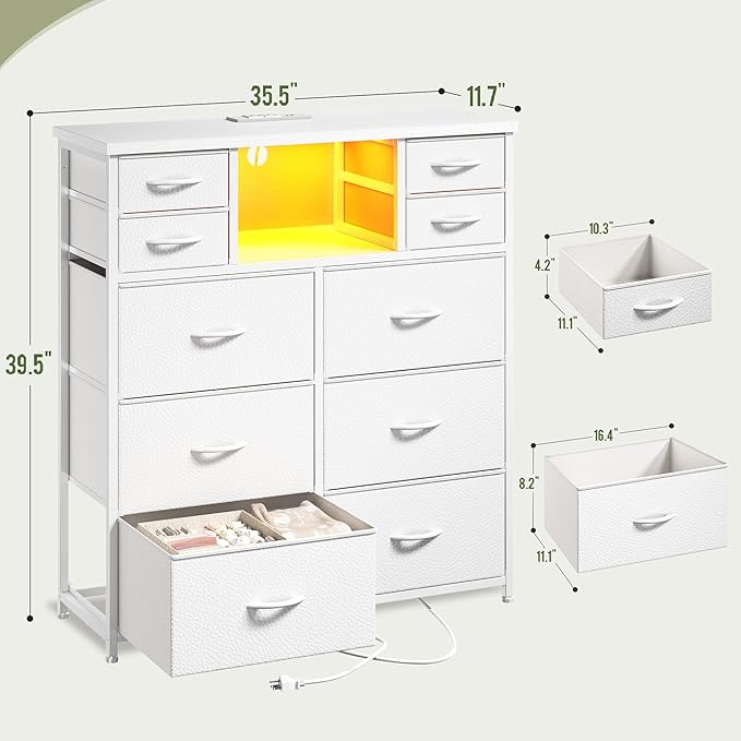 Romorgniz White Dresser for Bedroom with LED Lights & Power Outlets 2 AC & 2 USB, Fabric 10 Drawer Dressers & Chest of Drawers with Open Shelves for Hallway Living Room Closet, Metal Frame, Wood Top