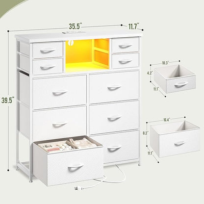 Romorgniz White Dresser for Bedroom with LED Lights & Power Outlets 2 AC & 2 USB, Fabric 10 Drawer Dressers & Chest of Drawers with Open Shelves for Hallway Living Room Closet, Metal Frame, Wood Top