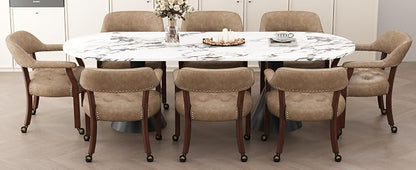 LEEMTORIG Set of 8 Large Dining Chairs with Casters and Arms, Rolling Dining Chairs with Wheels, Accent Poker Game Chairs, Wood Office Chairs, Cherry Legs & Yellowish Brown PU SY-1533-PMB08