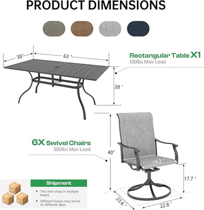 7-Piece Outdoor Dining Set with Umbrella Hole,Patio Swivel Chairs Set and 63"x 38"x 28" Outdoor Patio Table for 6,Modern Garden Dining Set for Poolside Seaside Backyard