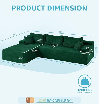 Hobestluk Modular Sectional Sofa Couches L-Shape Couch 3 Seat Modular Sofa Memory Foam Sectional Couches for Living Room, Cloud Couch with Oversized Chaise (Green Corduroy, 108", Left Hand Facing)