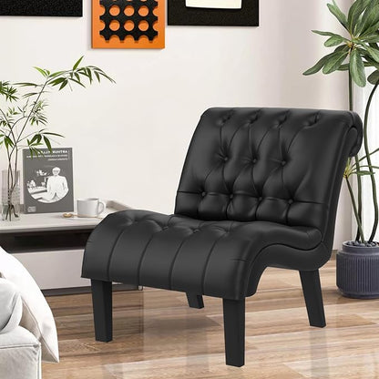 Black Faux Leather Accent Chair Modern Button Tufted Upholstered Armless Chair for Bedroom Living Room with Wood Legs
