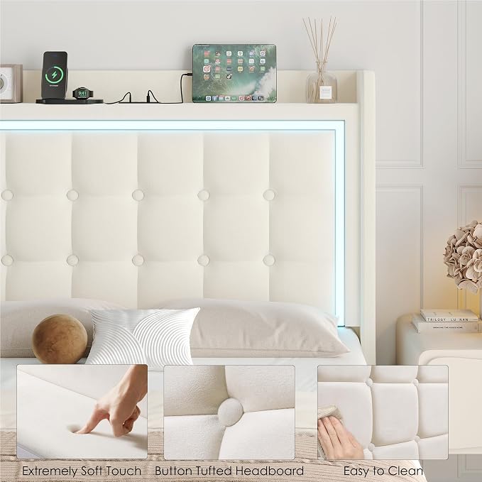 Keyluv Queen Floating Bed Frame with Storage Headboard, LED Lights & Charging Station Platform Bed, Soft Upholstered Velvet, USB/Type-C Ports, Easy Assembly, Beige