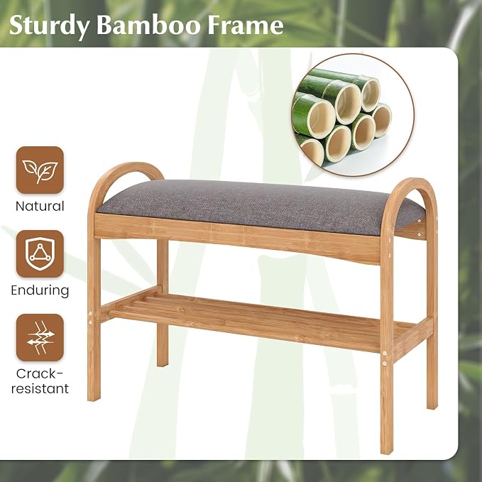 Giantex Shoe Rack Bench, Bamboo 2-Tier Entryway Bench with Padded Cushion, Shoe Storage Bench for Hallway, Closet, Foyer, Living Room, Bedroom, Mudroom