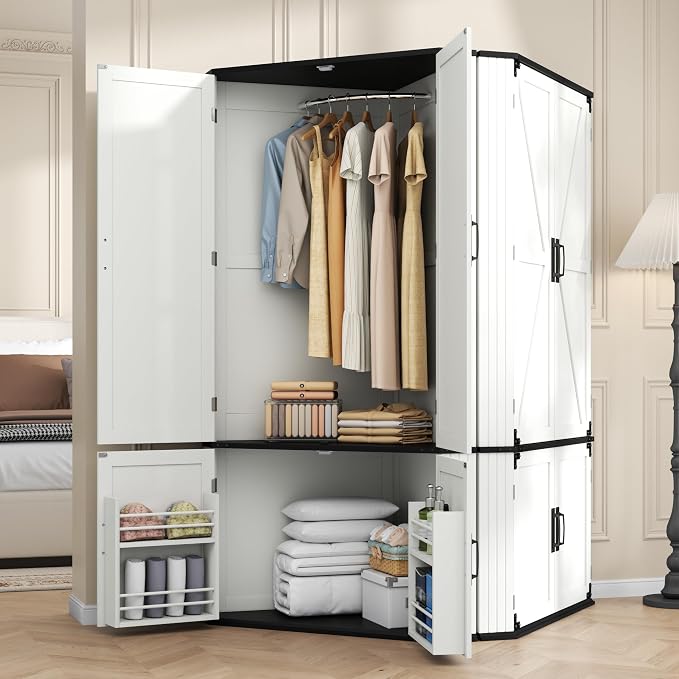 Gyfimoie Corner Wardrobe Closet with Doors, 71" Tall Freestanding Armoire Cabinet with Hanging Rod, Farmhouse Corner Storage Cabinet for Bedroom, White Wooden Corner Closet Organizer for Small Space