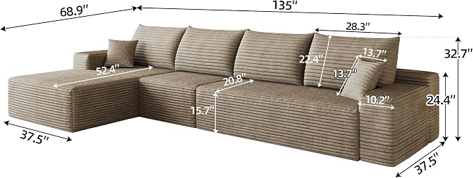 135" Oversized Cloud Sectional Couch Boneless Sofa for Living Room, Fluffy Corduroy Corner Couch with Deep Seat, Compressed Modular Sectional Sofa with L-Shaped Chaise, No Assembly Required