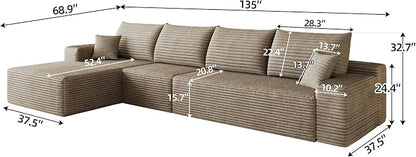 135" Oversized Cloud Sectional Couch Boneless Sofa for Living Room, Fluffy Corduroy Corner Couch with Deep Seat, Compressed Modular Sectional Sofa with L-Shaped Chaise, No Assembly Required