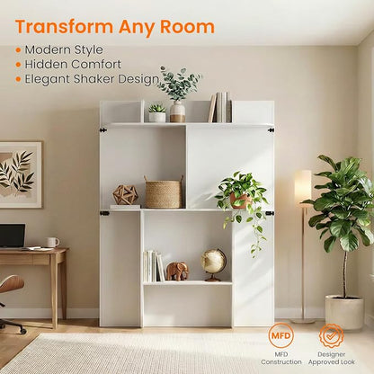 CECER Vertical Murphy Bed Queen，Save Space for Offices/Guest-White | Multi-Functional Queen Murphy Cabinet Beds with Storage Shelf/Bookshelf，Sturdy frame ＆ Easy Assemble
