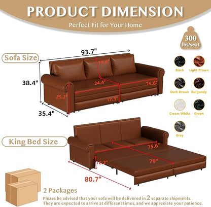 93.7" King Size Sleeper Sofa Bed, Pull Out Sofa Bed, Faux Leather Upholstery, 3 in 1 Convertible Sleeper Couch, Chaise Lounge, Retro Recliner for Living Room, Office, Apartment, Light Brown