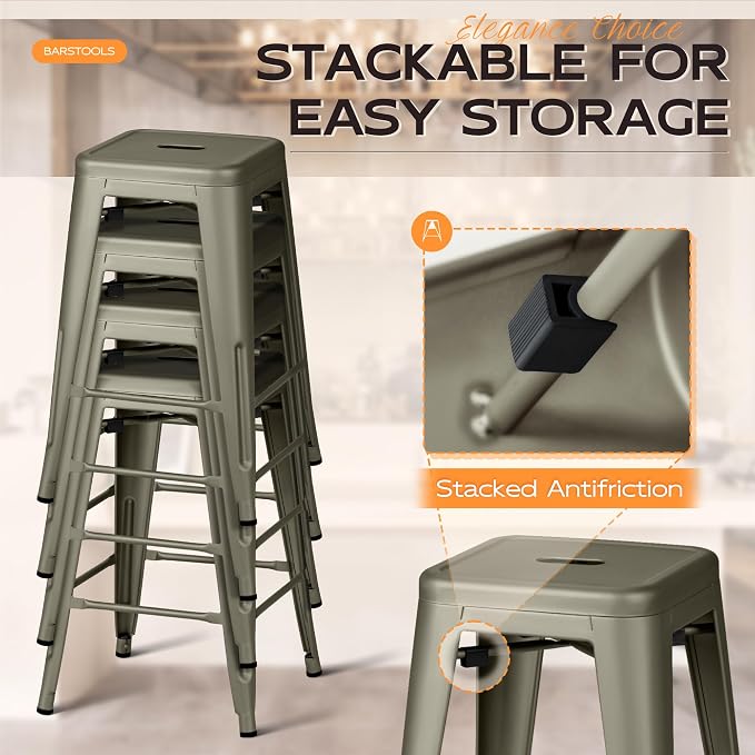 Furmax 24 Inch Metal Bar Stools Set of 4, Counter Height Bar Stools Height High Backless Stools Industrial Stackable Bar Chairs for Dining Room Kitchen Indoor Outdoor Stools Bar Chairs (Gun)