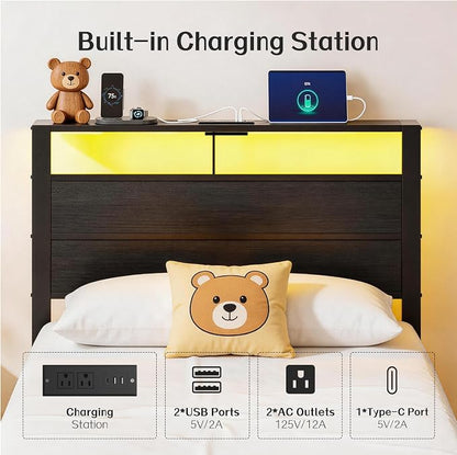 Black Twin Bed Frame with LED Lights and USB Charging Station, Modern Metal Platform Bed with Storage Headboard and Under-Bed Space, Noise Free, Sturdy Frame, No Box Spring Needed, Easy Assembly