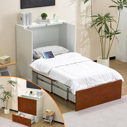 VINGLI Twin Murphy Bed with Storage Drawer,Rustic & Scandinavian Style Foldable Bed Cabinet with Charging Station,Hideaway Paltform Panel Bed for Small Spaces,Guest Room,Office,Apartment,Golden Brown