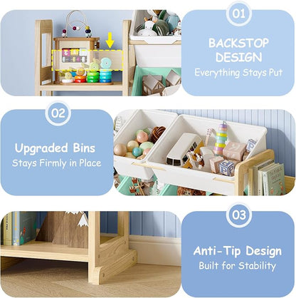 EXPERLAM Extra Large Toy Storage - Toy Storage Organizer, Wooden Toy Organizer with 6 Side Shelves and 16 Bins, 3-in-1 Bookshelf for Kids Rooms, Playroom, Nursery, Multi