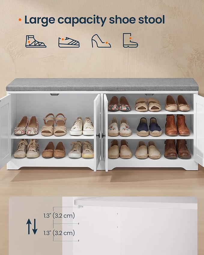 SONGMICS HOME 3-Tier Entryway Bench, Shoe Bench with Padded Seat, for Hallway, Bedroom, 14.2 x 47.8 x 20.9 Inches, White and Gray