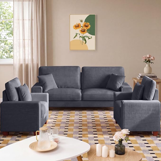 DOPEDIO Modern Living Room Sofa Set, 71.25" Chenille Loveseat with 2 Accent Chairs, Removable Covers, Spring Cushions, Solid Wood Frame, Easy Assembly（71.25inch+2 Single,Blue）